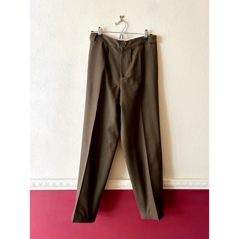 Vintage 100% Pure Wool High Waist Pleated Trousers Olive Green 8 Dark Academia - Picture 9 of 11